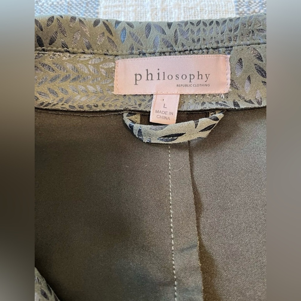 Philosophy Olive Green w/ Leaf Design SZ L Faux Leather Suede Moto Jacket - Picture 9 of 15